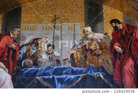St. Mark's body being venerated by the Doge and Venetian magistrates, lunette mosaic of St. Mark's Basilica, Venice, Italy 126429556