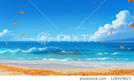 動漫風格的海景和落葉秋葉 126429625