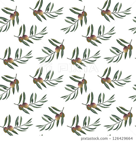 Seamless watercolor pattern of olive branches with green leaves and ripe fruit. Hand-drawn botanical texture perfect for organic, Mediterranean, healthy food, and natural design projects. For textile Seamless watercolor pattern of olive branches with green leaves and ripe fruit. Hand-drawn botanical texture perfect for organic, Mediterranean, healthy food, and natural design projects. For textile 126429664