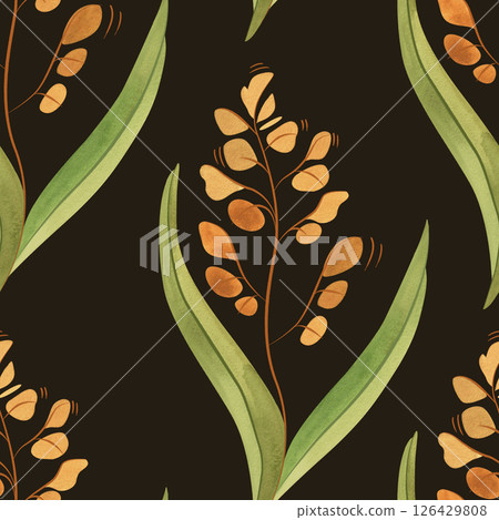 Textile seamless floral pattern with wild grasses and cereals. Design for kitchen home textiles, tablecloths, curtains, bed linen, dress fabrics, wrapping paper. Textile seamless floral pattern with wild grasses and cereals. Design for kitchen home textiles, tablecloths, curtains, bed linen, dress fabrics, wrapping paper. 126429808