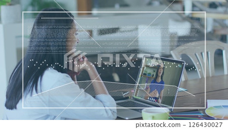 Image of data processing over biracial businesswoman using laptop for image call in office 126430027
