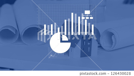 Image of business icons and diagrams over blueprints and model of house in office 126430028