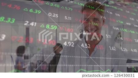 Image of diagrams and stock market over diverse business people talking in office Image of diagrams and stock market over diverse business people talking in office 126430031