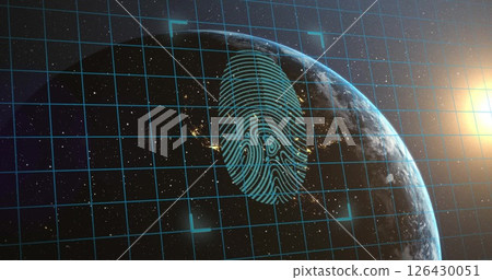Image of biometric fingerprint and connection with padlocks over globe and dark background 126430051