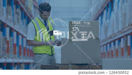 Image of car icon and data processing over caucasian male worker inspecting cartons in warehouse 126430052