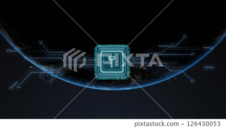Image of circuit board and connection with key over globe and dark background 126430053