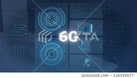 Image of 6g text, digital data processing over screens Image of 6g text, digital data processing over screens 126430077