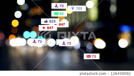 Image of media icons over night city Image of media icons over night city 126430092