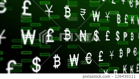 Image of financial data processing and currency symbols on black background 126430111