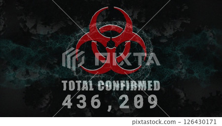 Image of virus cells and brain over biohazard symbol and data processing Image of virus cells and brain over biohazard symbol and data processing 126430171