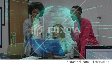 Image of globe and financial data processing over diverse business people in office 126430185