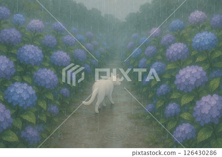 下雨天，一隻白貓沿著繡球花小徑行走 126430286