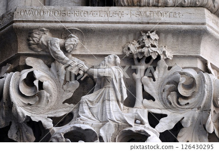 Medieval reliefs from Doge's Palace capital in Saint Mark Square, Venice, Italy Medieval reliefs from Doge's Palace capital in Saint Mark Square, Venice, Italy 126430295