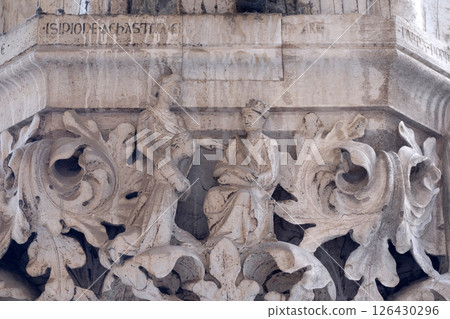 Medieval reliefs from Doge's Palace capital in Saint Mark Square, Venice, Italy 126430296