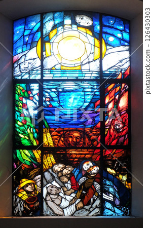 Stigmatization of Saint Francis of Assisi, stained glass window by Sieger Koder in the Chapel of St. Francis in Ellwangen, Germany Stigmatization of Saint Francis of Assisi, stained glass window by Sieger Koder in the Chapel of St. Francis in Ellwangen, Germany 126430303