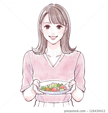 A smiling woman holding a salad | Health, beauty and diet illustration material 126430412