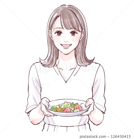 A smiling woman holding a salad | Health, beauty and diet illustration material A smiling woman holding a salad | Health, beauty and diet illustration material 126430415