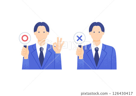 男辦公室職員拿著正確答案板向量圖解商人的評判 男辦公室職員拿著正確答案板向量圖解商人的評判 126430417