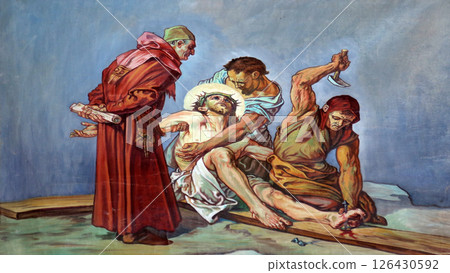 11th Stations of the Cross, Crucifixion: Jesus is nailed to the cross, Church of St. Aloysius in in Travnik, Bosnia and Herzegovina 126430592