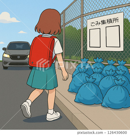 孩子因為垃圾無法在人行道上行走 126430600