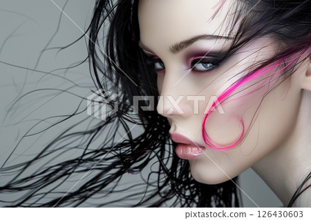 A Western-style hair and makeup style that takes into account future trends in 2050. A beautiful woman's image is generated using AI (horizontal photo) 126430603