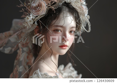 考慮到2050年未來趨勢的西式髮型和妝容。使用AI生成的美麗女性形象（橫向照片） 126430609