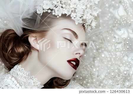 A Western-style hair and makeup style that takes into account future trends in 2050. A beautiful woman's image is generated using AI (horizontal photo) 126430613