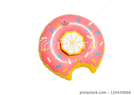 Swim happily with this bright inflatable donut float, isolated on white background Swim happily with this bright inflatable donut float, isolated on white background 126430666