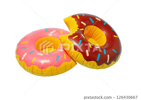 Inflatable donut floaters in pink and brown colors for summer fun, isolated on white background 126430667