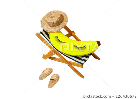 Yellow banana chair with lashes and straw hat for summer, isolated on white background 126430672