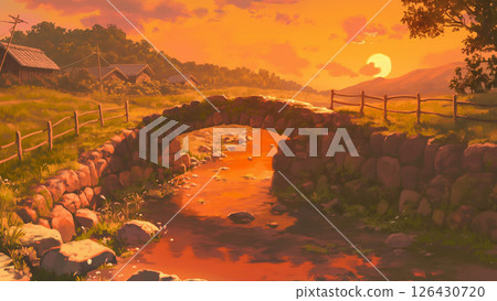 Evening bridge and river scenery, anime style 126430720