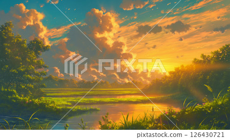 Evening marsh landscape, anime style 126430721