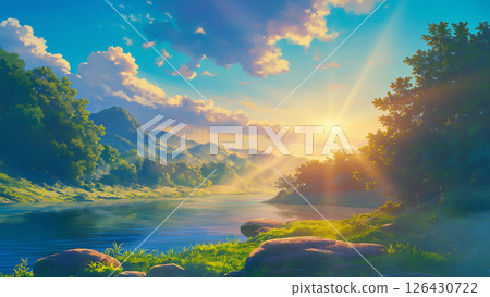 動漫風格的河流風景和冉冉升起的太陽 動漫風格的河流風景和冉冉升起的太陽 126430722