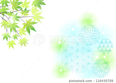 Blue maple leaves, Japanese pattern, summer greetings postcard, horizontal 126430789