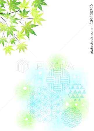 Blue maple leaves, Japanese pattern, summer greetings postcard, vertical 126430790