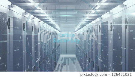 Image of scope scanning and globe with light shapes over server room 126431021