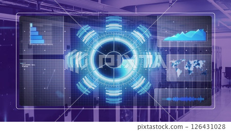 Image of diagrams, scope scanning and data processing over server room 126431028