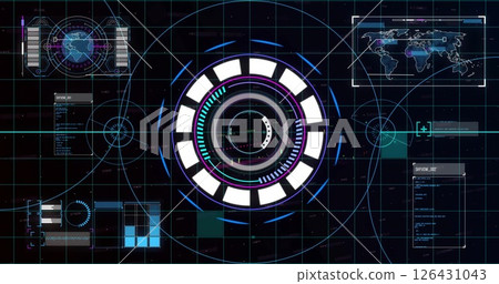 Image of data processing and scope scanning over globe and world map 126431043