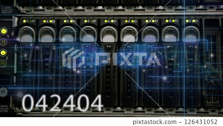 Image of neon shapes and data processing over server room 126431052