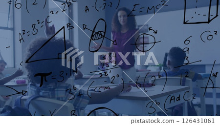 Image of geometry and maths equations over diverse female teacher and schoolchildren in class 126431061