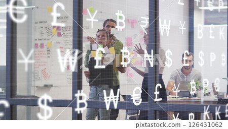 Image of currency and financial data processing over diverse business people in office Image of currency and financial data processing over diverse business people in office 126431062