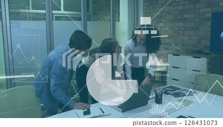 Image of media icons processing data over diverse colleagues using laptop at casual office Image of media icons processing data over diverse colleagues using laptop at casual office 126431073