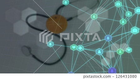 Image of network of connections with icons over stethoscope Image of network of connections with icons over stethoscope 126431080