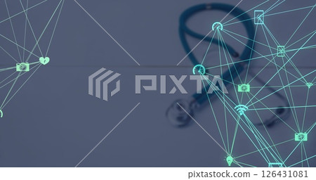 Image of network of connections with icons over stethoscope 126431081