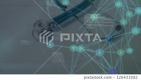 Image of network of connections with icons over stethoscope 126431082