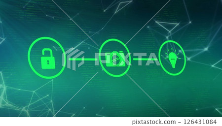 Image of network of connections with digital icons over green background 126431084