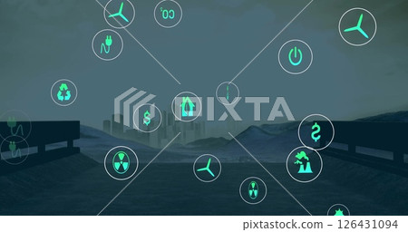 Image of network of digital eco icons over cityscape 126431094