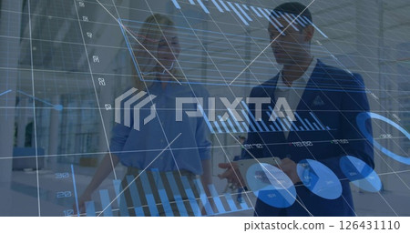 Image of financial data processing over diverse business people in office 126431110