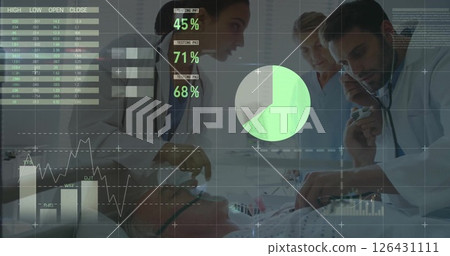 Image of financial data processing over diverse business people in office Image of financial data processing over diverse business people in office 126431111