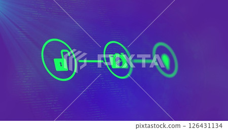 Image of network of connections with icons over light trails on purple background 126431134